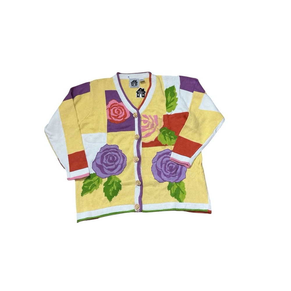 Storybook Knits Floral Rose Colorblock Cardigan Size 1X Cottagecore Sweater